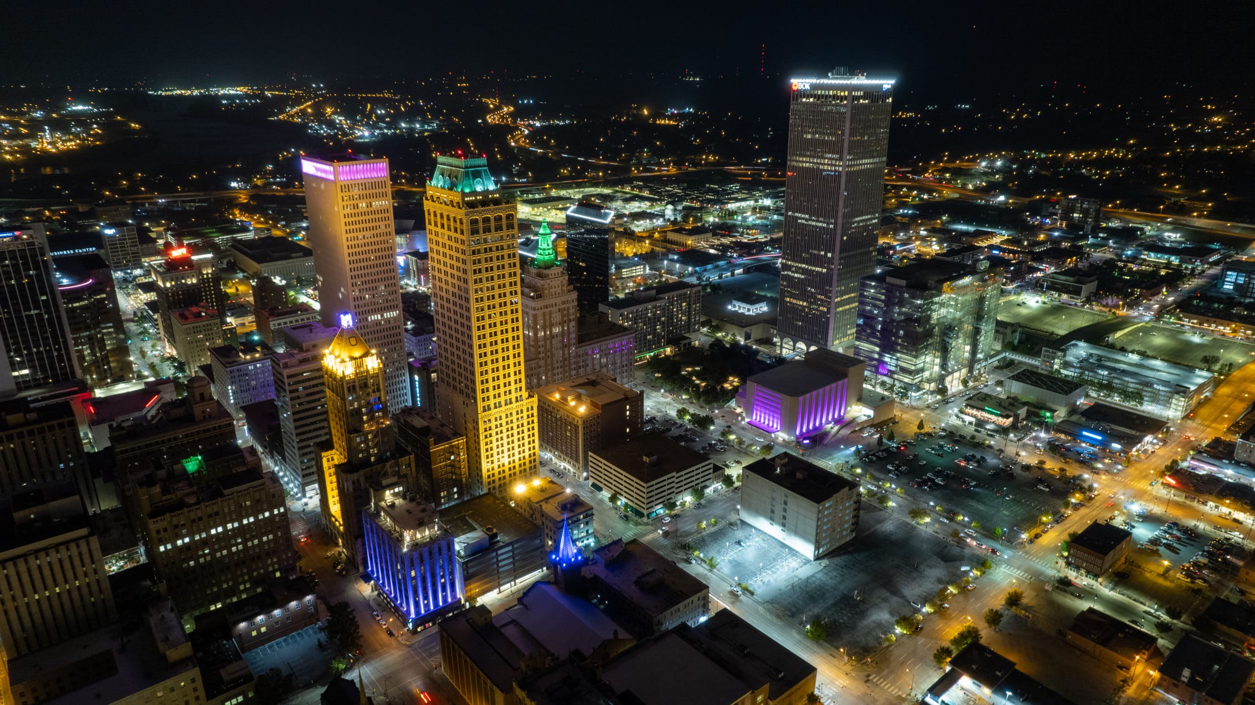 The Tulsa Skyline at Night, lit to perfection. Drone Photo by Digon Design