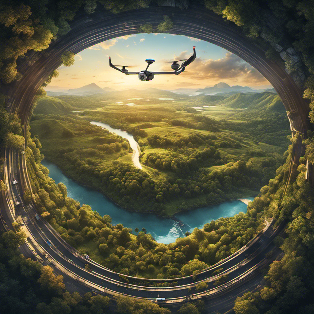 An image showcasing a bird's eye view of a stunning landscape, with a drone hovering above, capturing the intricate details of the scenery below