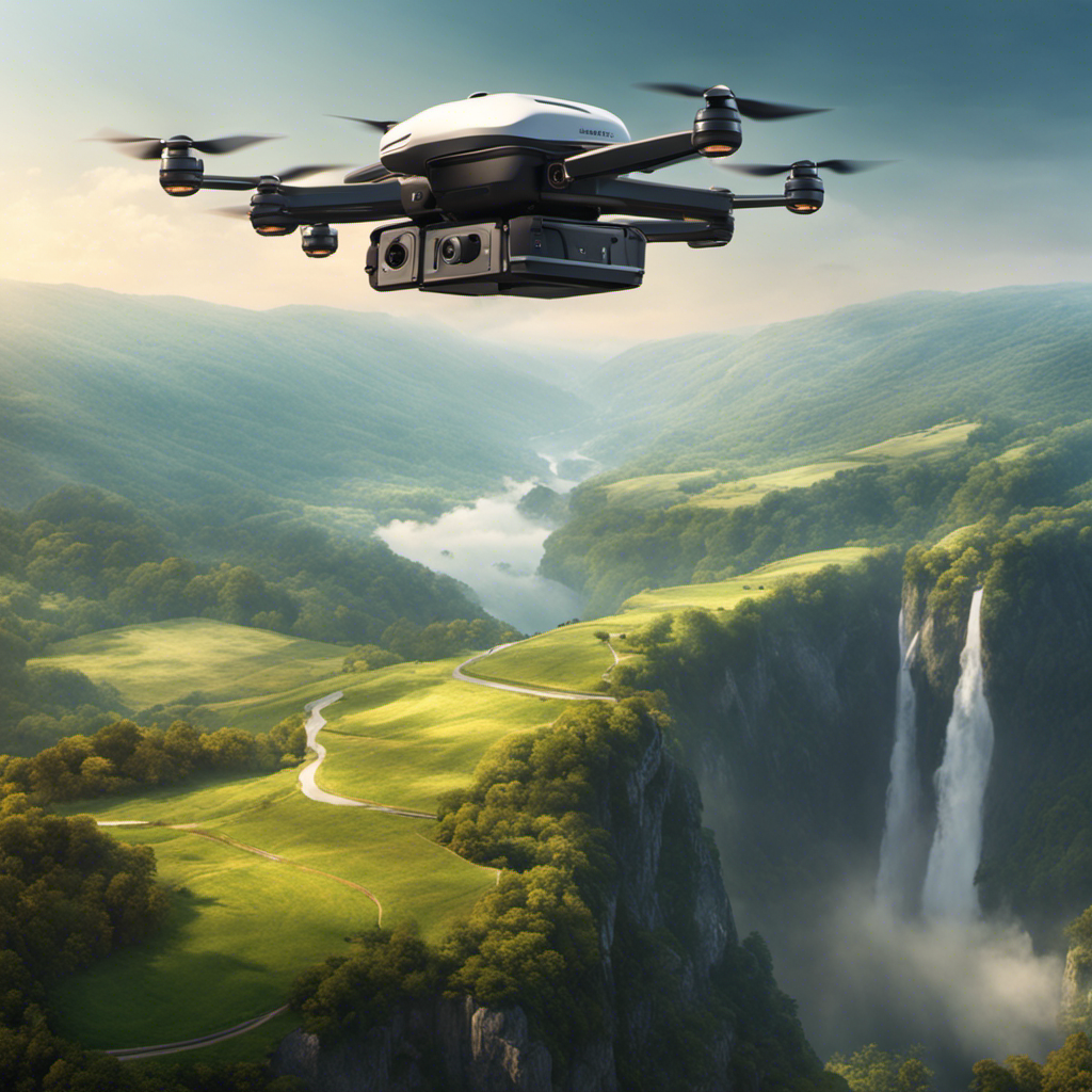 An image of a drone hovering above a picturesque landscape