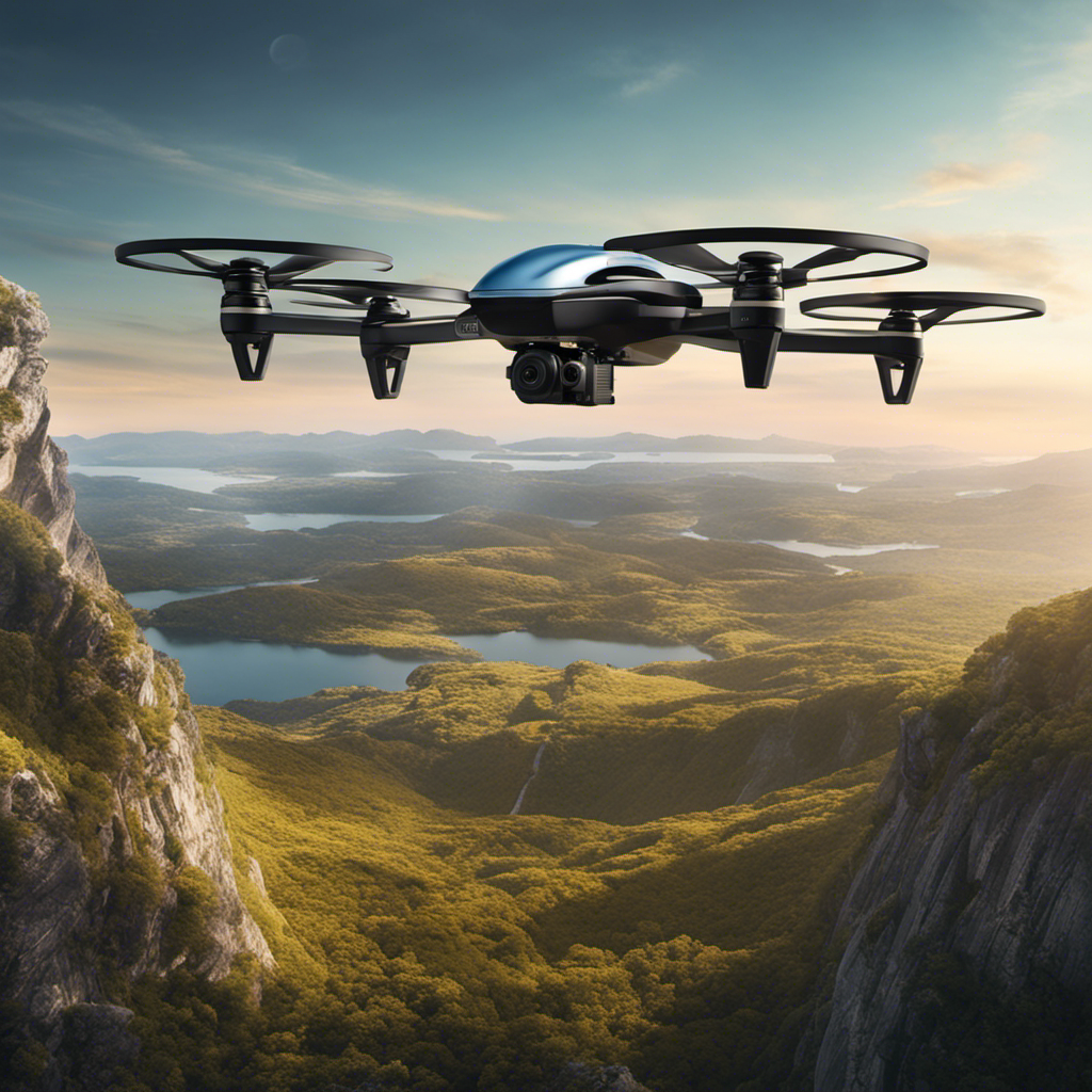 An image of a drone hovering above a scenic landscape, capturing a stunning shot with its camera
