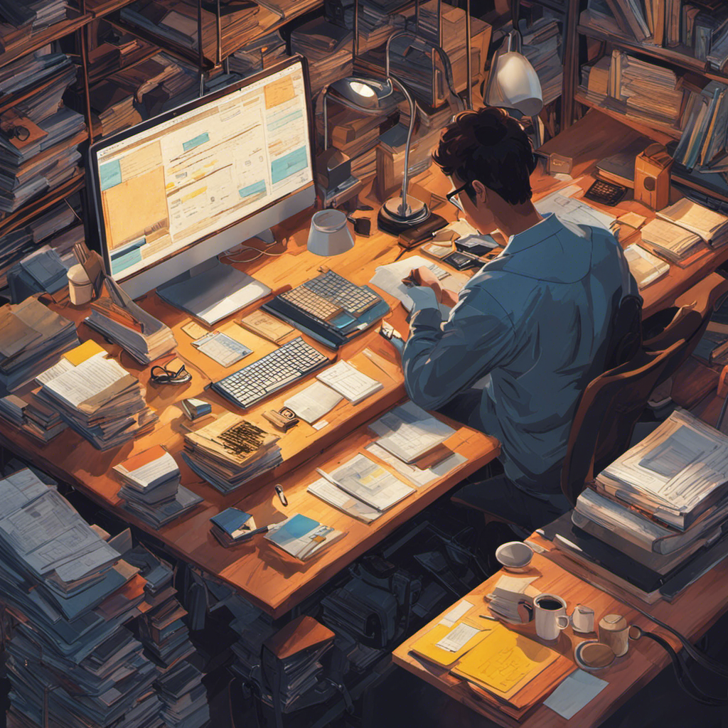 An image showcasing an individual sitting at a desk, surrounded by a cluttered workspace filled with coding books, a computer displaying lines of code, sticky notes, and a coffee mug, symbolizing the journey of an average person becoming a web developer