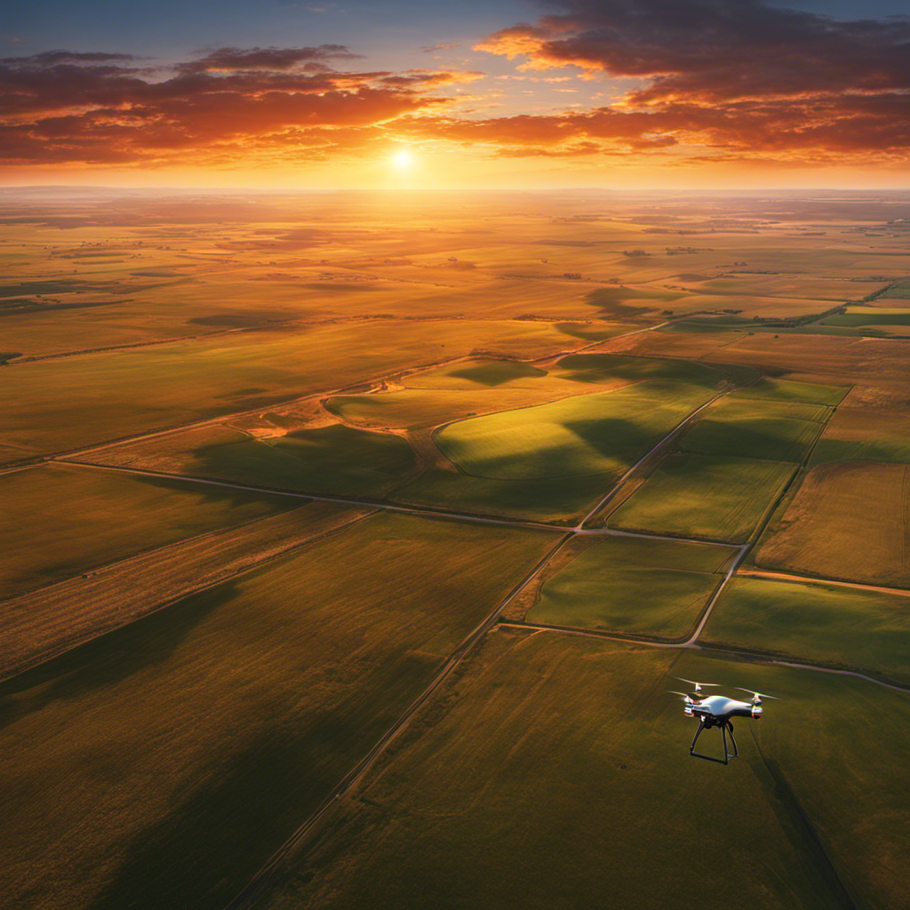 An image depicting a drone hovering over the vast plains of Oklahoma, capturing the stunning sunset as it casts warm hues across the open skies, evoking a sense of freedom and raising the question of licensing requirements