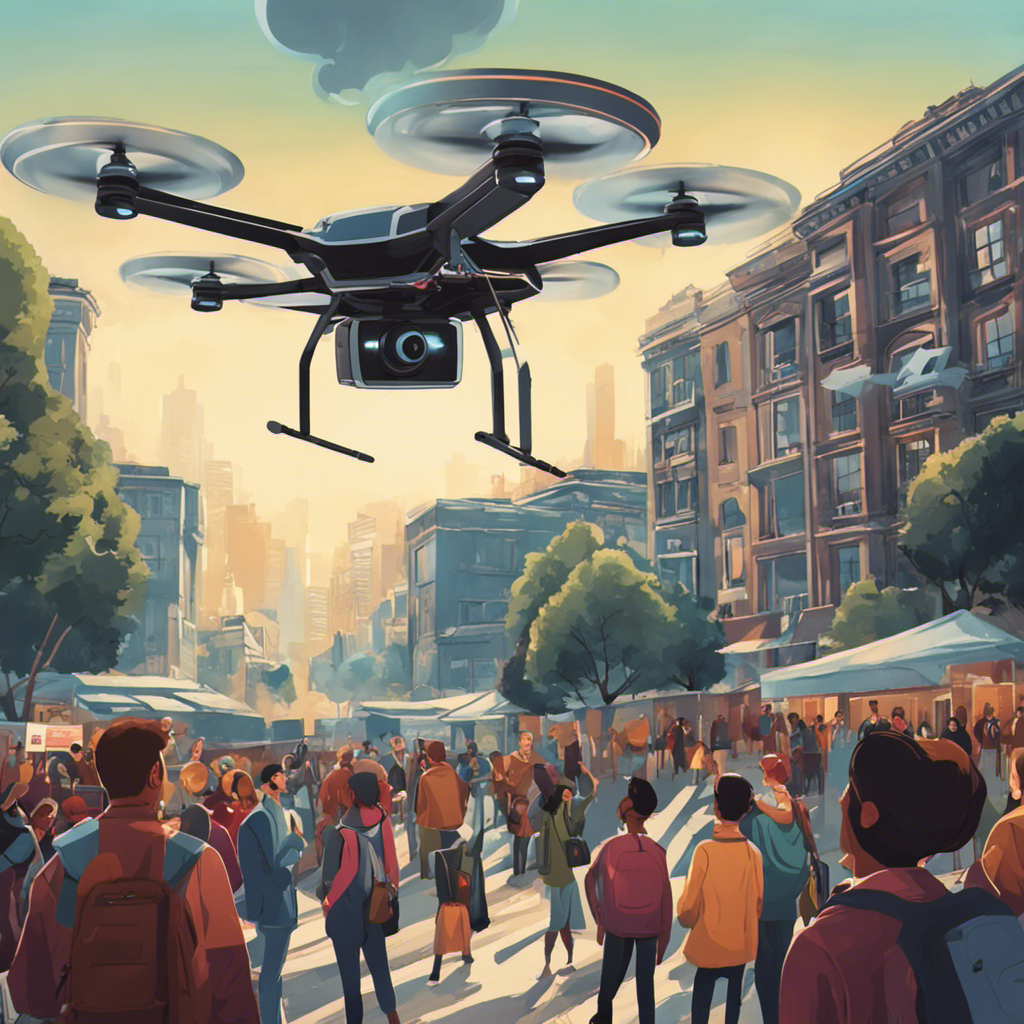 An image of a drone hovering above a group of people, with speech bubbles containing common drone photography questions and answers
