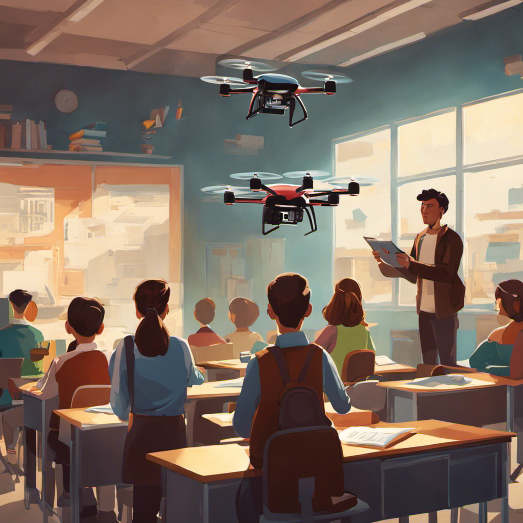 An image showcasing a group of people in a classroom setting, with a drone hovering above them