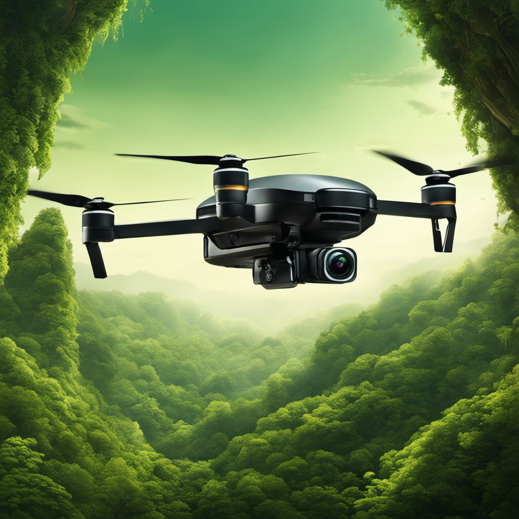 An image of a drone hovering over a lush green forest, with a small camera attached to it, capturing data and monitoring the health of the ecosystem below