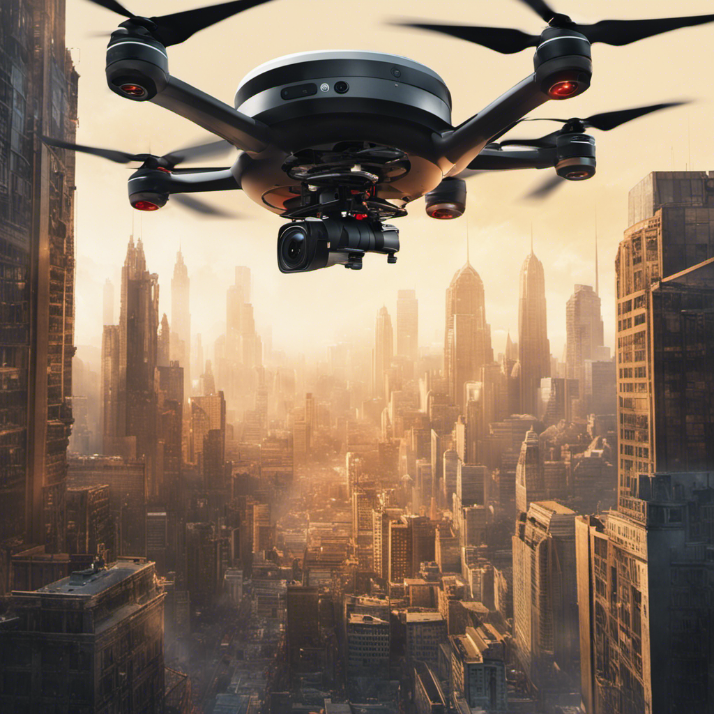 An image showcasing a drone hovering above a bustling city, its camera lens focused on a suspect below