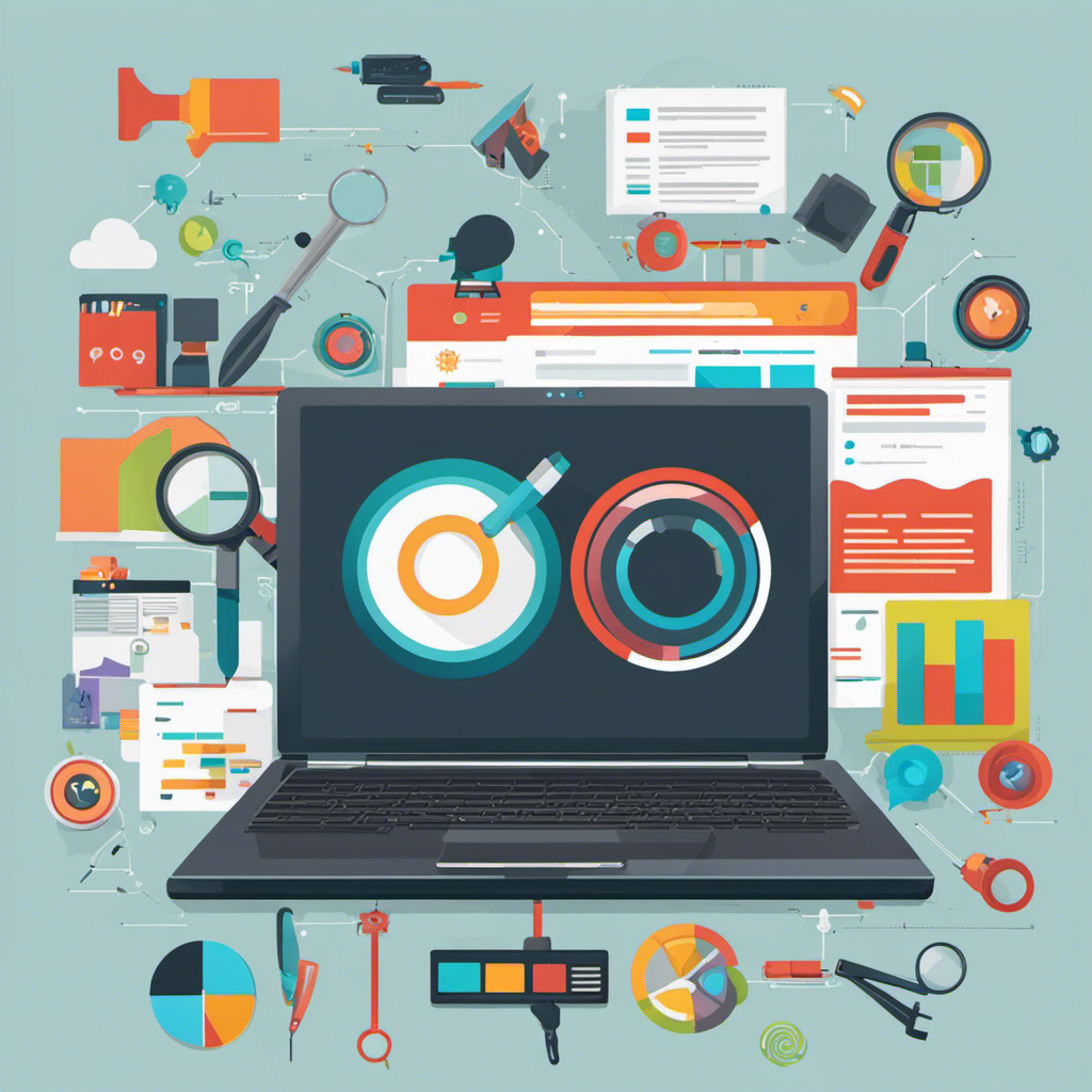 An image showcasing a laptop surrounded by various tools such as a magnifying glass, link icons, keyword tags, and a graph chart, illustrating the diverse and cost-free SEO practices
