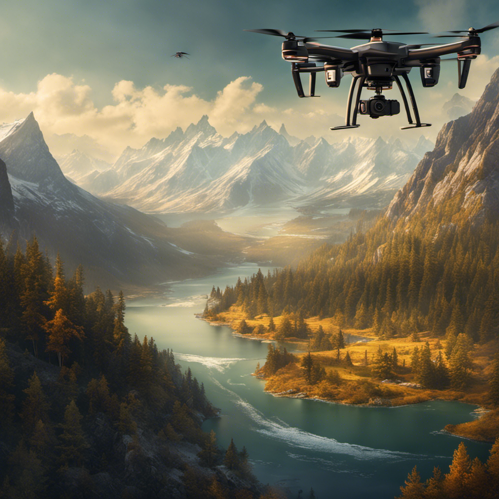 An image showcasing a vast, rugged landscape with a drone hovering in the distance, its signal extending beyond mountains, forests, and lakes, highlighting the mesmerizing range of drone connectivity