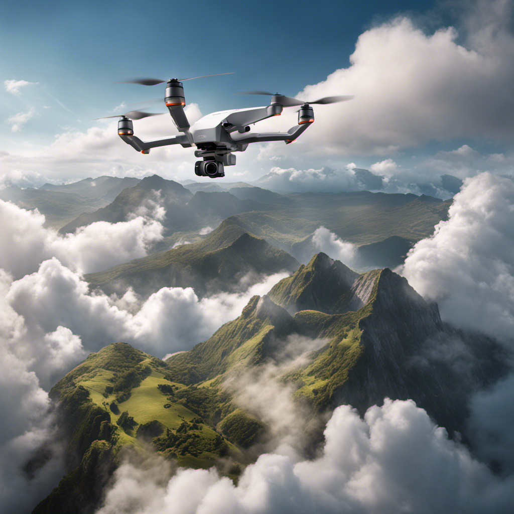 An image capturing the awe-inspiring altitude capabilities of DJI Mini 2, showcasing the drone soaring through a picturesque sky, surrounded by fluffy white clouds, reaching new heights with elegance and precision