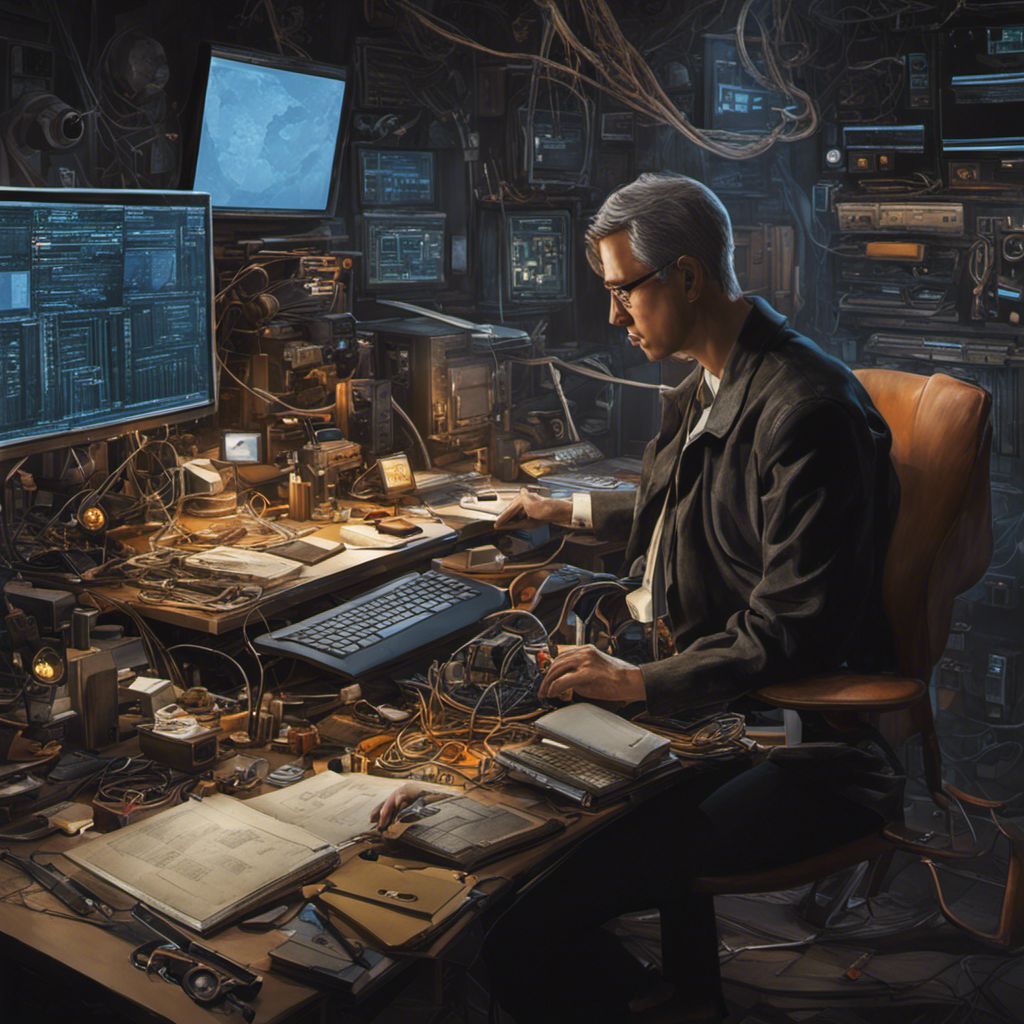 An image depicting a solitary figure seated at a desk, surrounded by a clutter of tools, wires, and computer screens, engrossed in the process of coding and designing a website