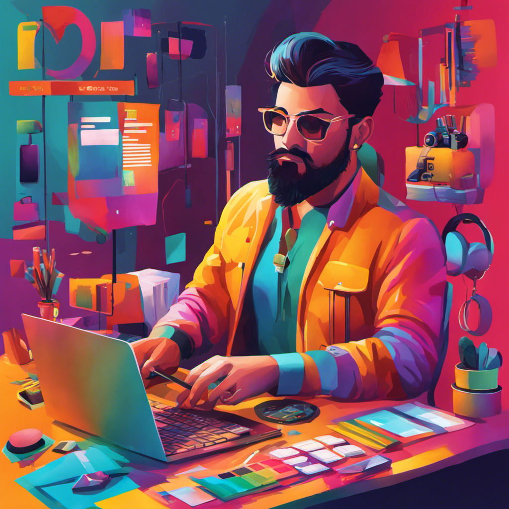 An image featuring a web designer surrounded by a vibrant palette, skillfully crafting a visually stunning website on a sleek computer, while a price tag hovers above, showcasing the value and cost of their expertise