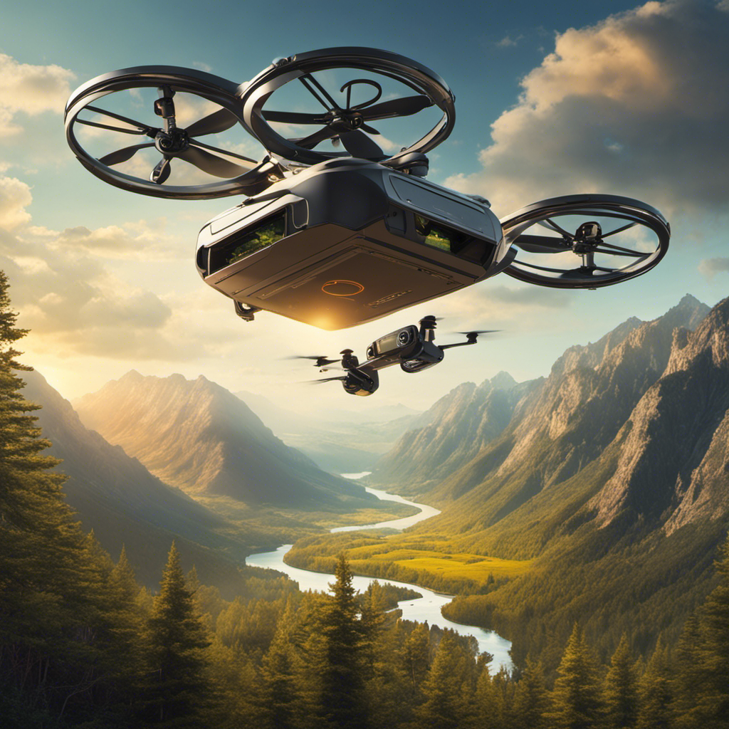An image of a drone hovering above a scenic landscape, with a dollar sign hovering nearby
