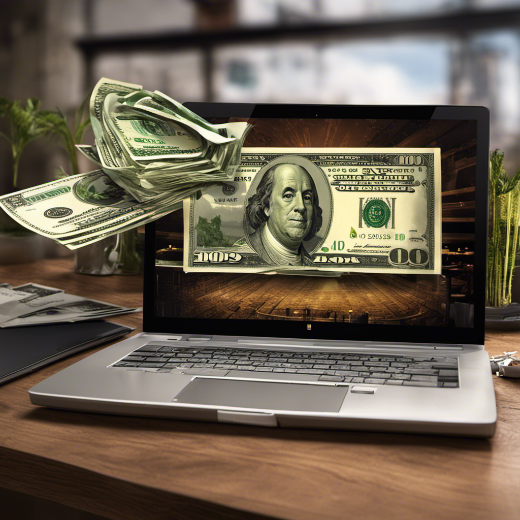 An image showcasing a laptop with a website development interface on the screen, a stack of dollar bills beside it, and a Godaddy logo in the background to illustrate the cost of making a website