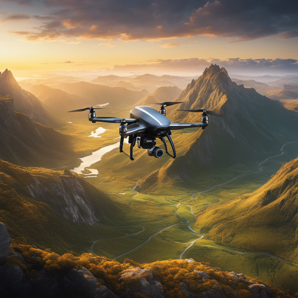 An image of a drone hovering over a stunning landscape, with a banner in the foreground displaying the aerial photography service's logo and tagline