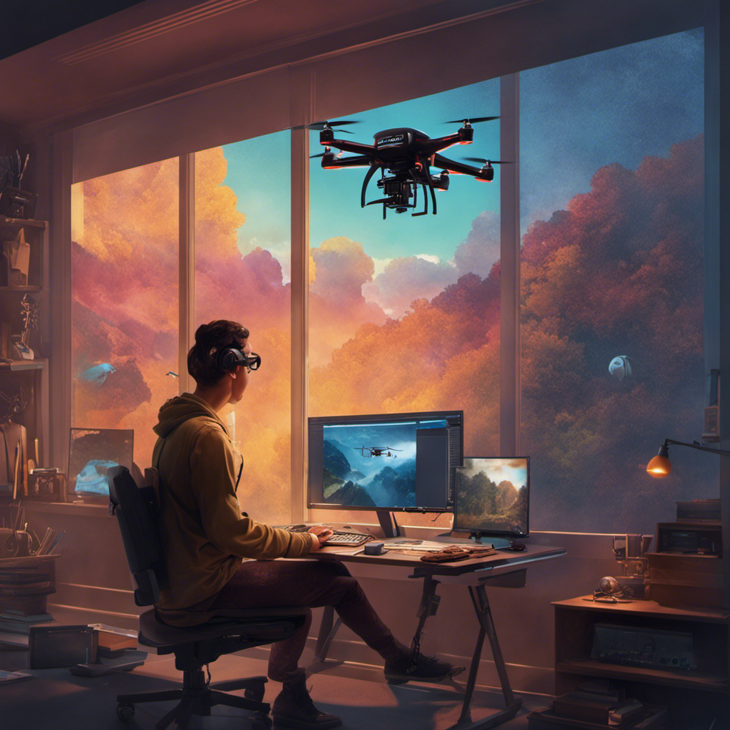 An image of a person sitting at a computer, with a drone hovering outside the window and various editing tools visible on the screen
