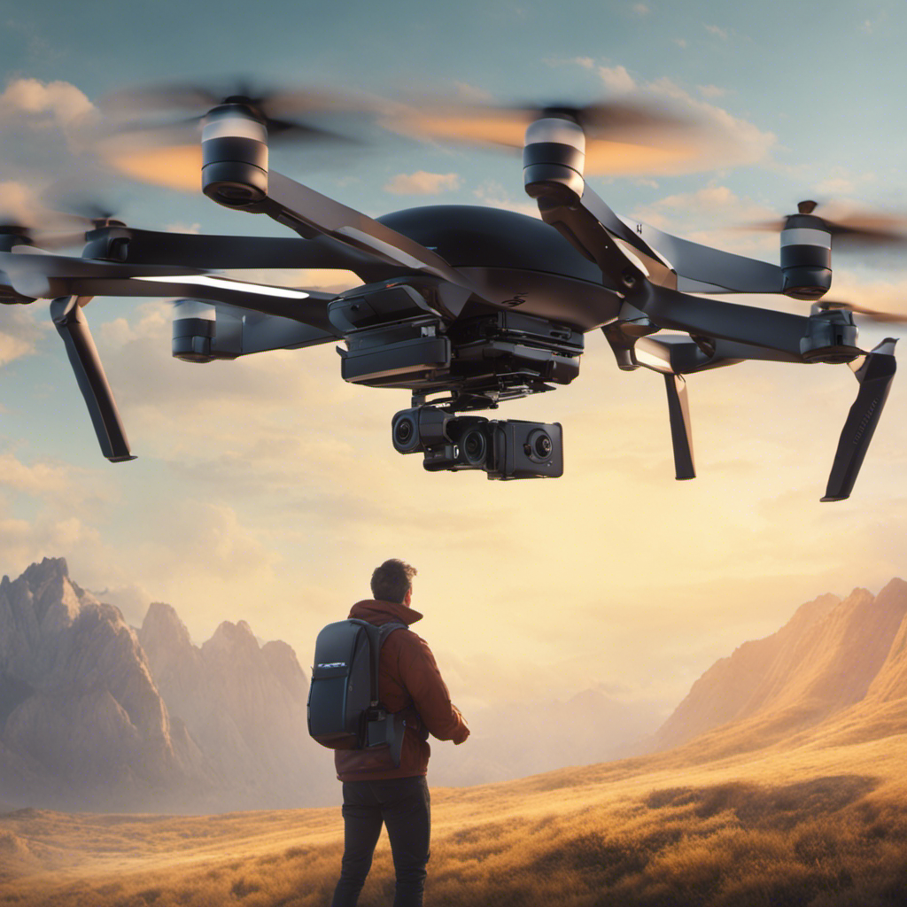 An image of a drone hovering, with a person standing in front of it, looking up at the camera