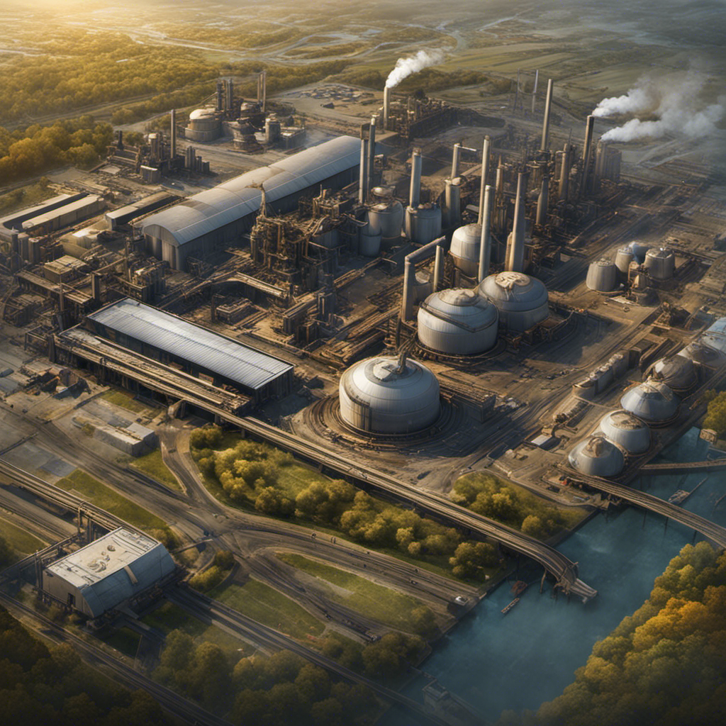 An aerial image of industrial and infrastructure sites, showcasing the intricate patterns and shapes of factories, storage facilities, and transportation systems