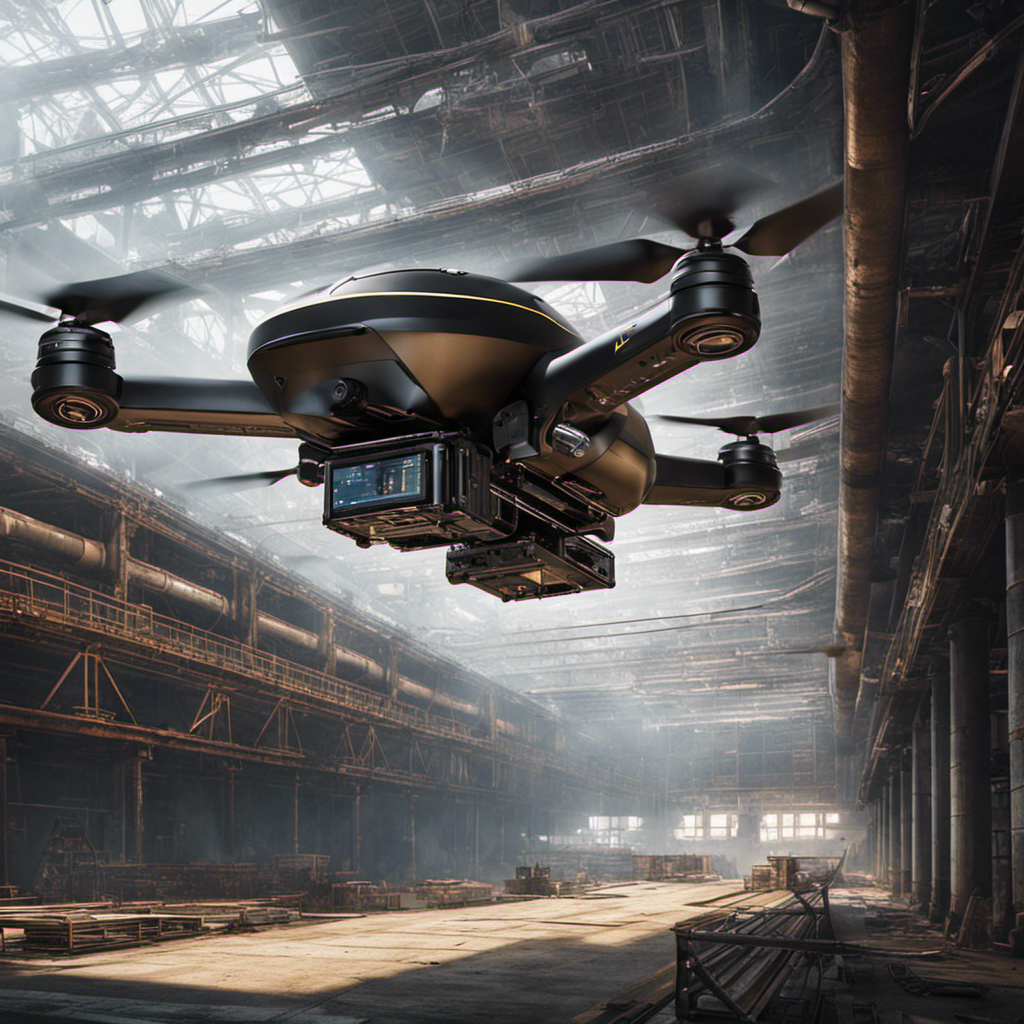An image of a drone inspecting a large industrial structure, with detailed close-ups of the drone's camera capturing intricate details of the structure