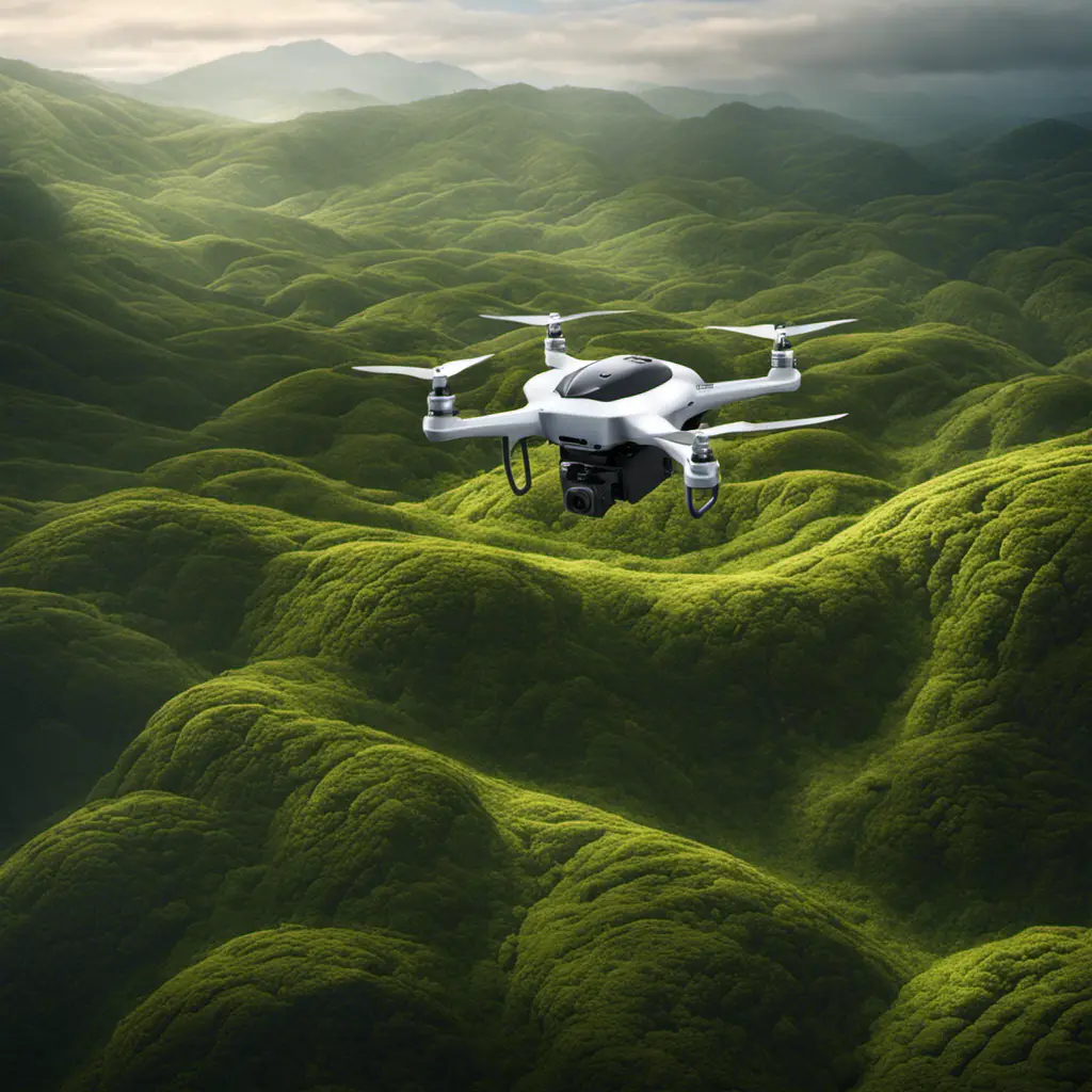 An image showcasing a drone hovering above a lush, undulating landscape, capturing precise aerial photographs
