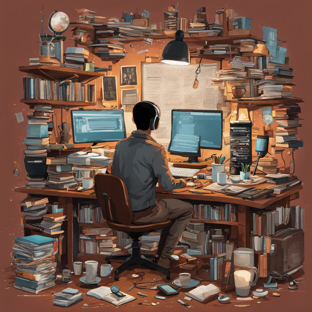 An image of a person sitting at a cluttered desk, surrounded by open coding books, online tutorials on a computer screen, and empty coffee cups, capturing the challenging yet determined journey of a self-taught web developer