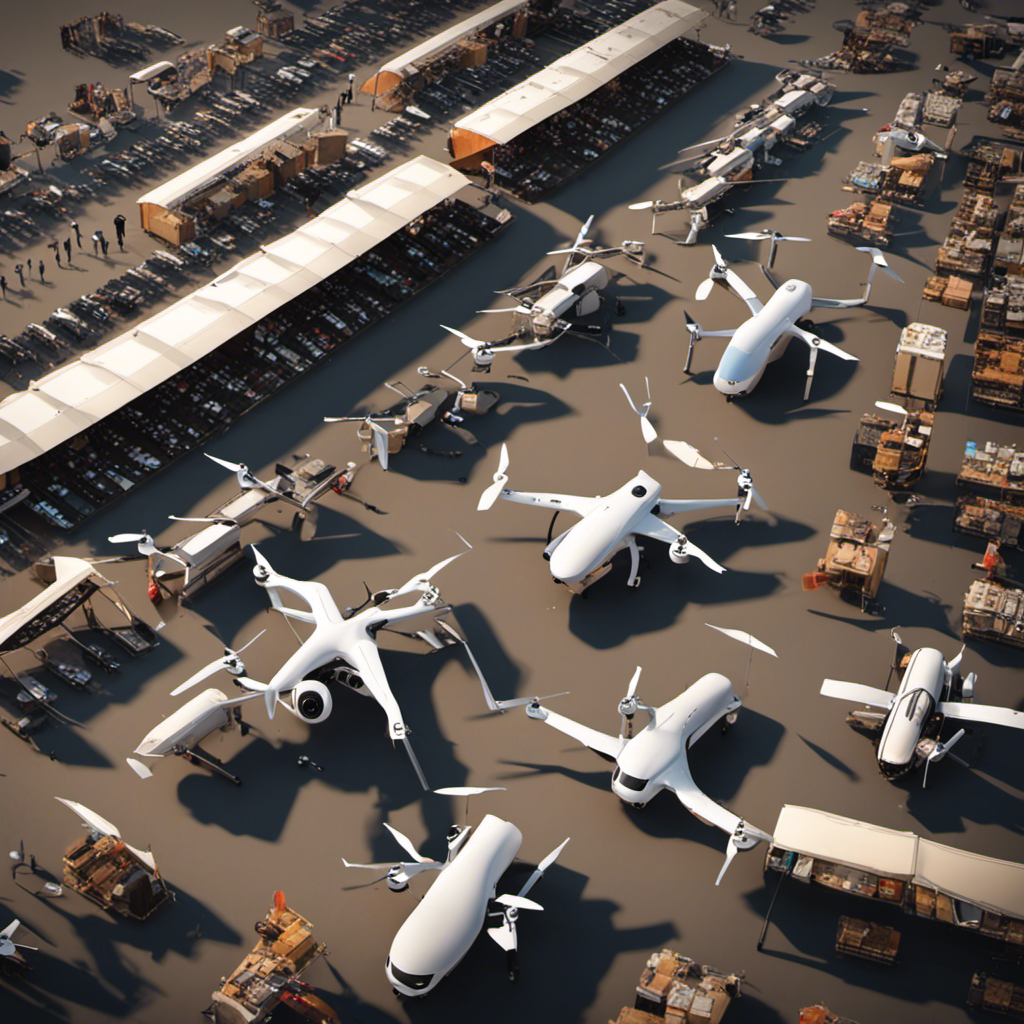 An image showcasing a wide array of drone models, neatly organized in a crowded marketplace