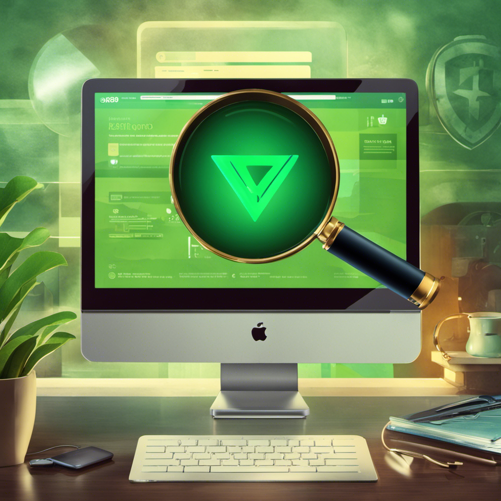 An image showcasing a magnifying glass hovering over a laptop screen, depicting a website with a shield emblem on it