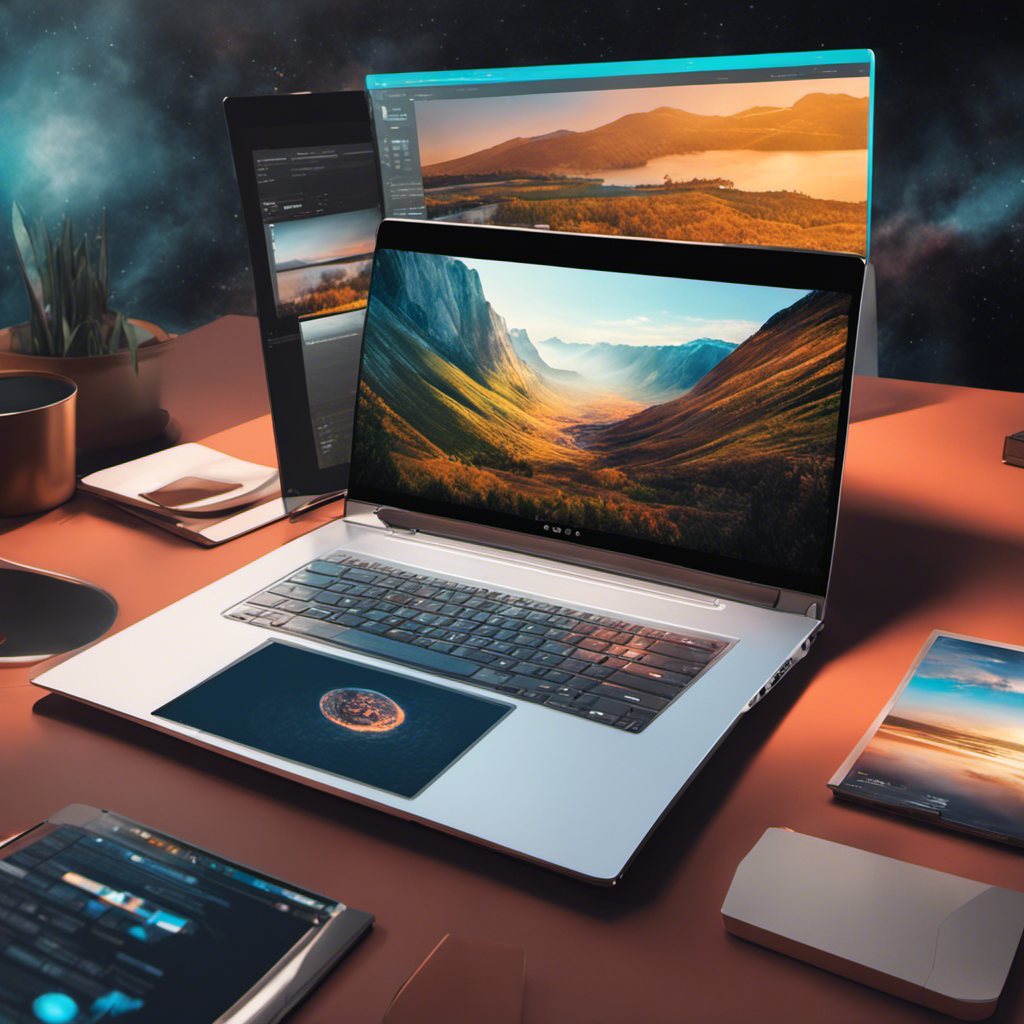 An image showcasing a sleek laptop with a split screen
