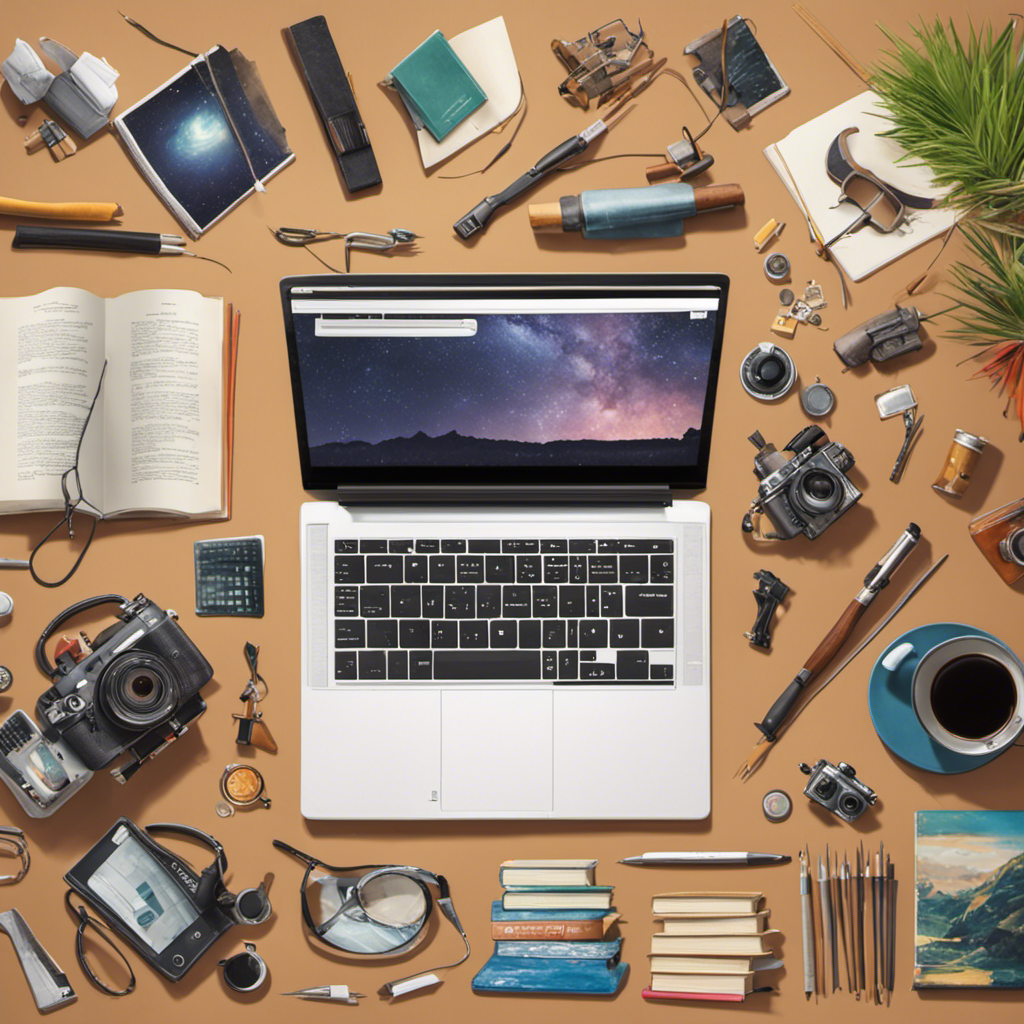 An image featuring a laptop surrounded by a diverse array of tools - a sketchbook, coding books, a camera, and a coffee cup - symbolizing the multifaceted skills and creative resources needed for web design as a side hustle