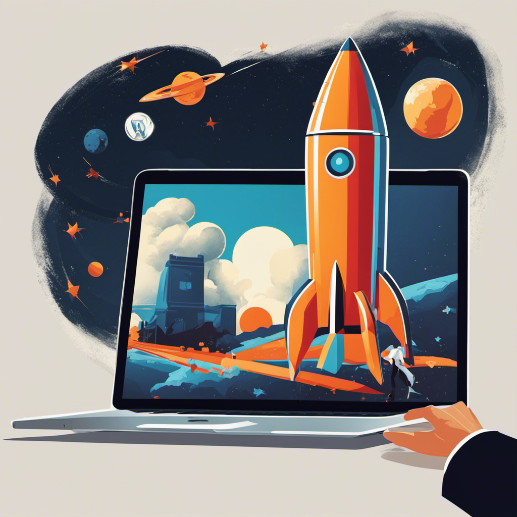 An image of a person pressing a button on a laptop, with a rocket blasting off from the screen