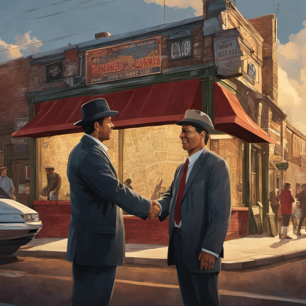 An image of a person shaking hands with a local business owner in front of their establishment, with a map of the area in the background