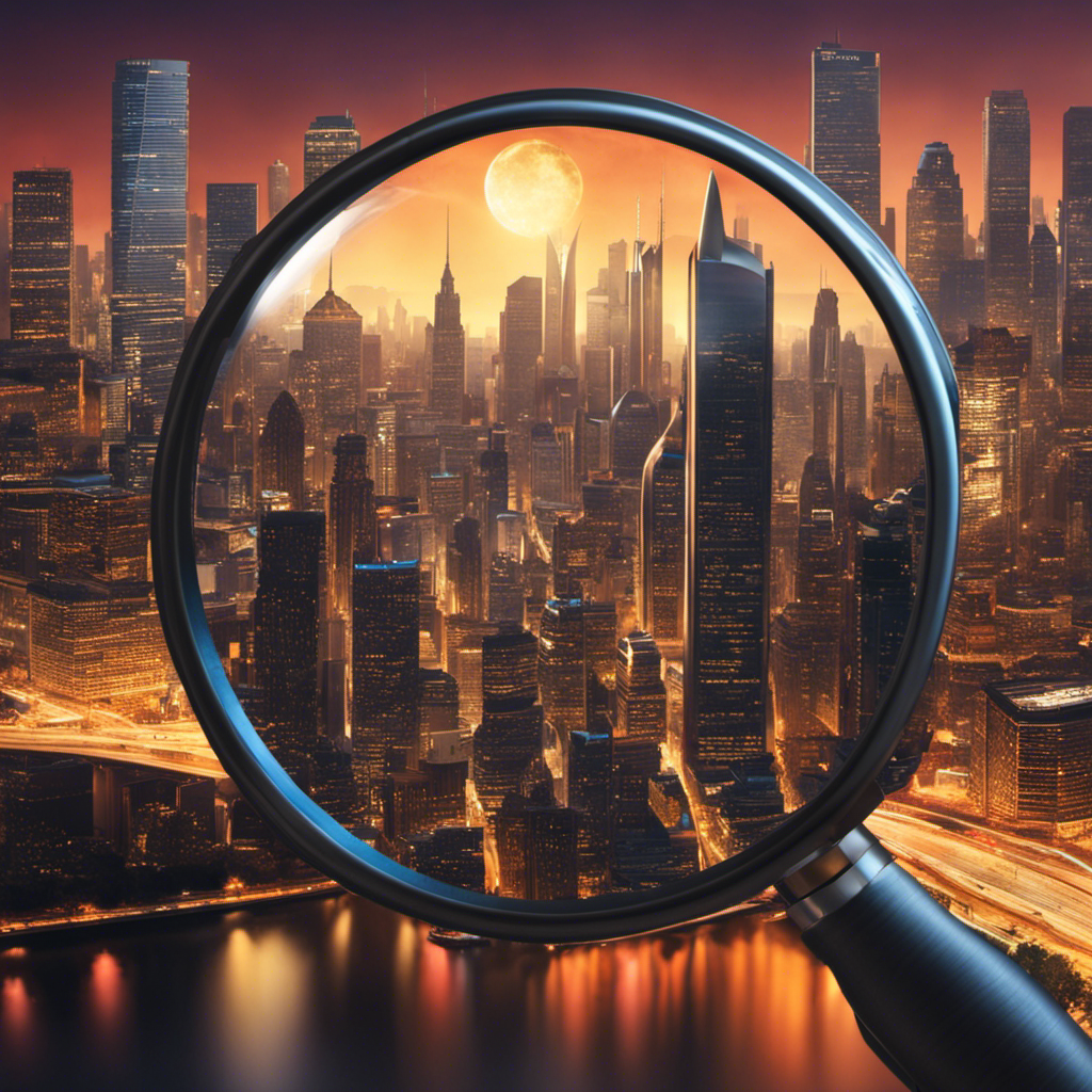 An image of a city skyline with a magnifying glass hovering over it, highlighting specific businesses