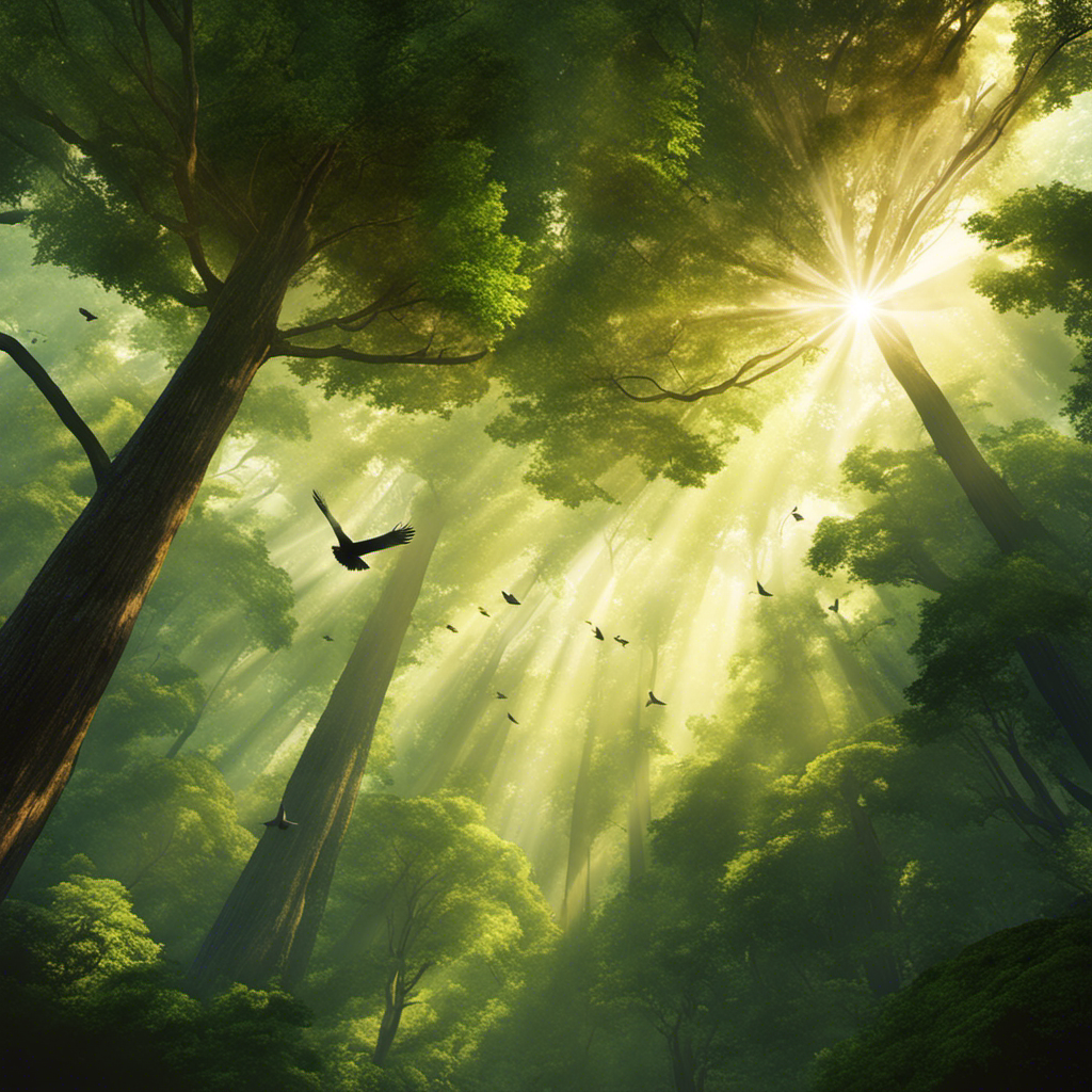 An image capturing the aerial view of a vast forest canopy, with birds in flight and rays of sunlight filtering through the treetops