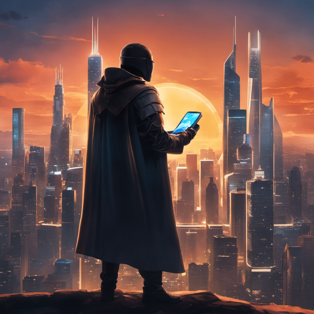 An image of a person standing in front of a city skyline, holding a smartphone with a glowing shield symbol on the screen