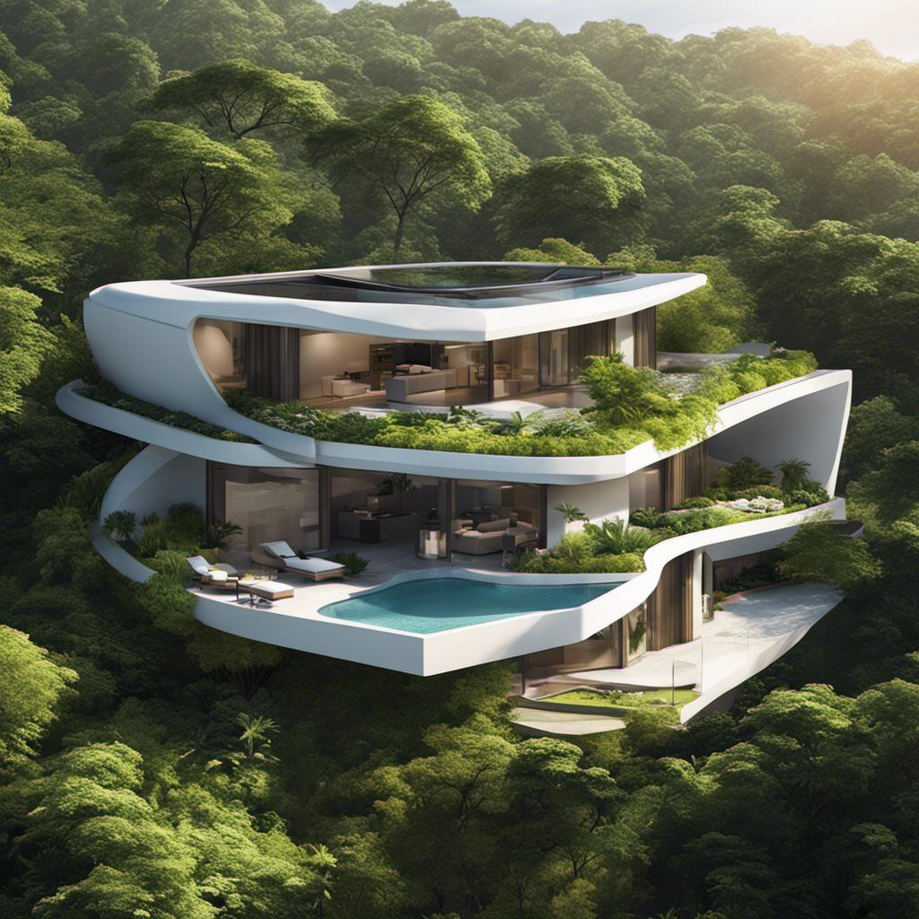 An aerial view of a modern home with lush greenery surrounding it