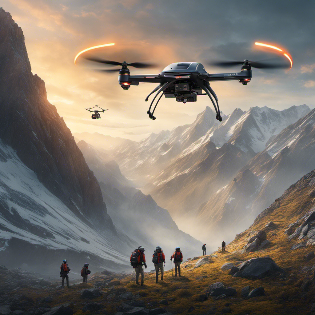 An image of a drone hovering above a mountainous terrain, scanning for lost hikers