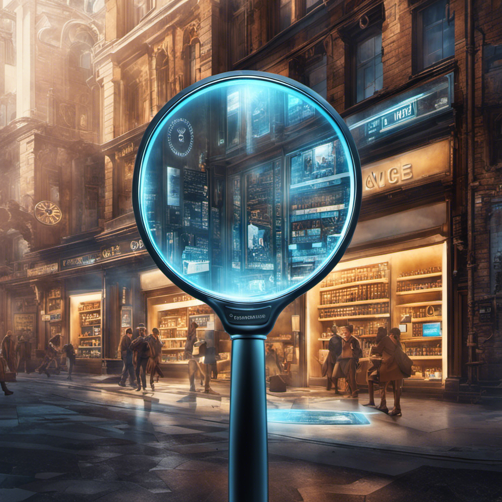 An image of a magnifying glass hovering over a digital storefront, revealing hidden keywords and tags