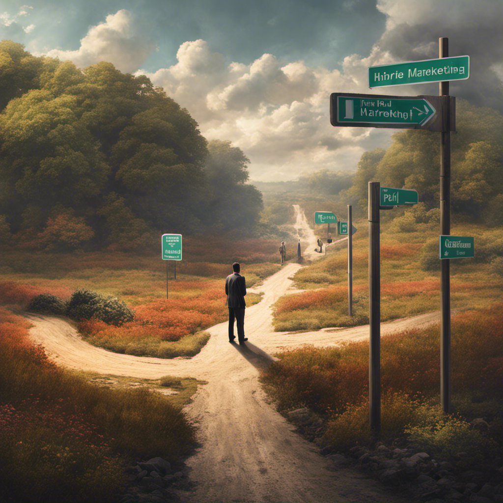An image showcasing a person standing at a crossroads, one path leading to a pile of marketing tasks, and the other path leading to a professional marketer offering assistance, emphasizing the decision of whether to hire someone for marketing