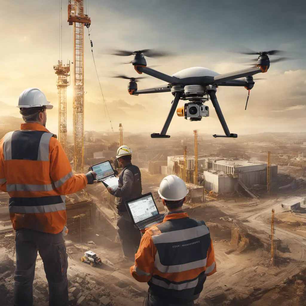 An aerial view of a team of surveyors using high-tech equipment to map out a construction site, with a drone hovering overhead to capture the precision and efficiency of their work