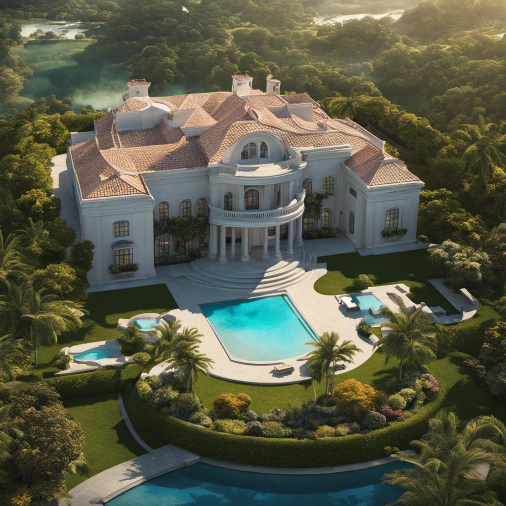 An image of a drone hovering over a luxurious property, capturing stunning aerial shots of the estate's expansive grounds, pristine pool, and panoramic views of the surrounding landscape
