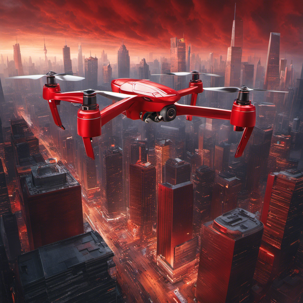 An image of a drone hovering over a cityscape, capturing detailed shots of buildings and people