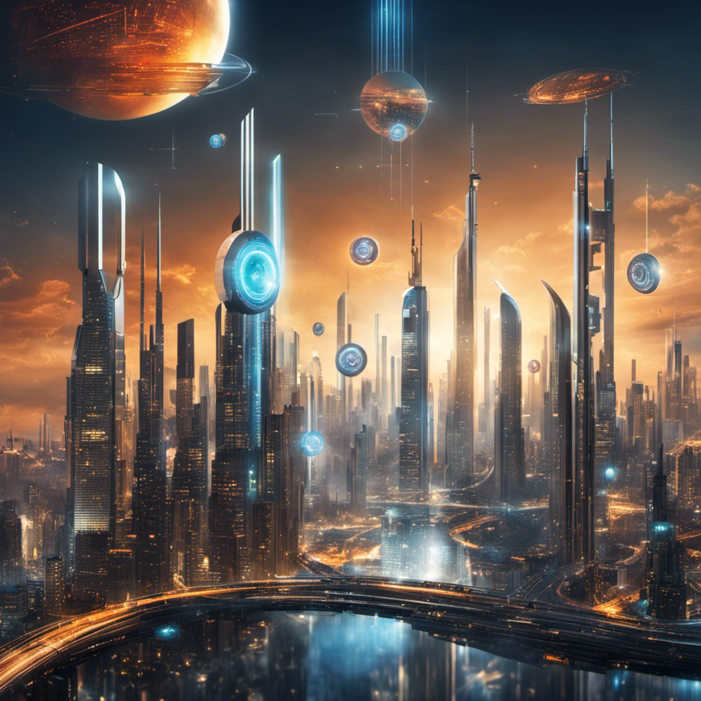 An image of a futuristic city skyline with search engine icons floating above it, representing the integration of AI and SEO in the coming year
