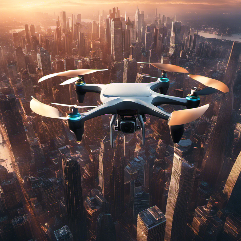 An image of a drone hovering over a city skyline, capturing the top 5 photography trends for 2024: aerial views of sprawling urban landscapes, unique perspectives of nature, dramatic lighting, dynamic movement, and surreal compositions