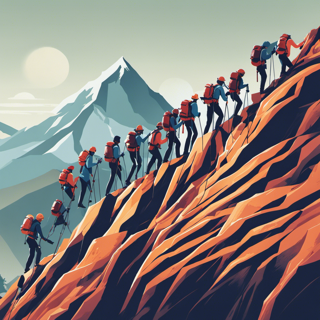 An image of a group of climbers scaling a mountain, with each climber representing a different off-page SEO strategy, such as backlink building, social media marketing, and influencer outreach