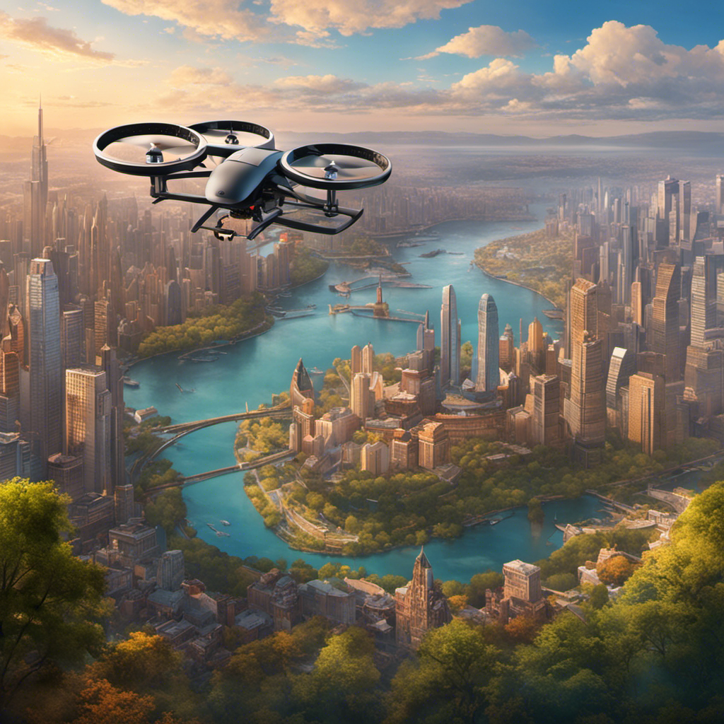 An image of a drone soaring high above a picturesque landscape, capturing a stunning aerial view of a bustling city or serene natural wonder