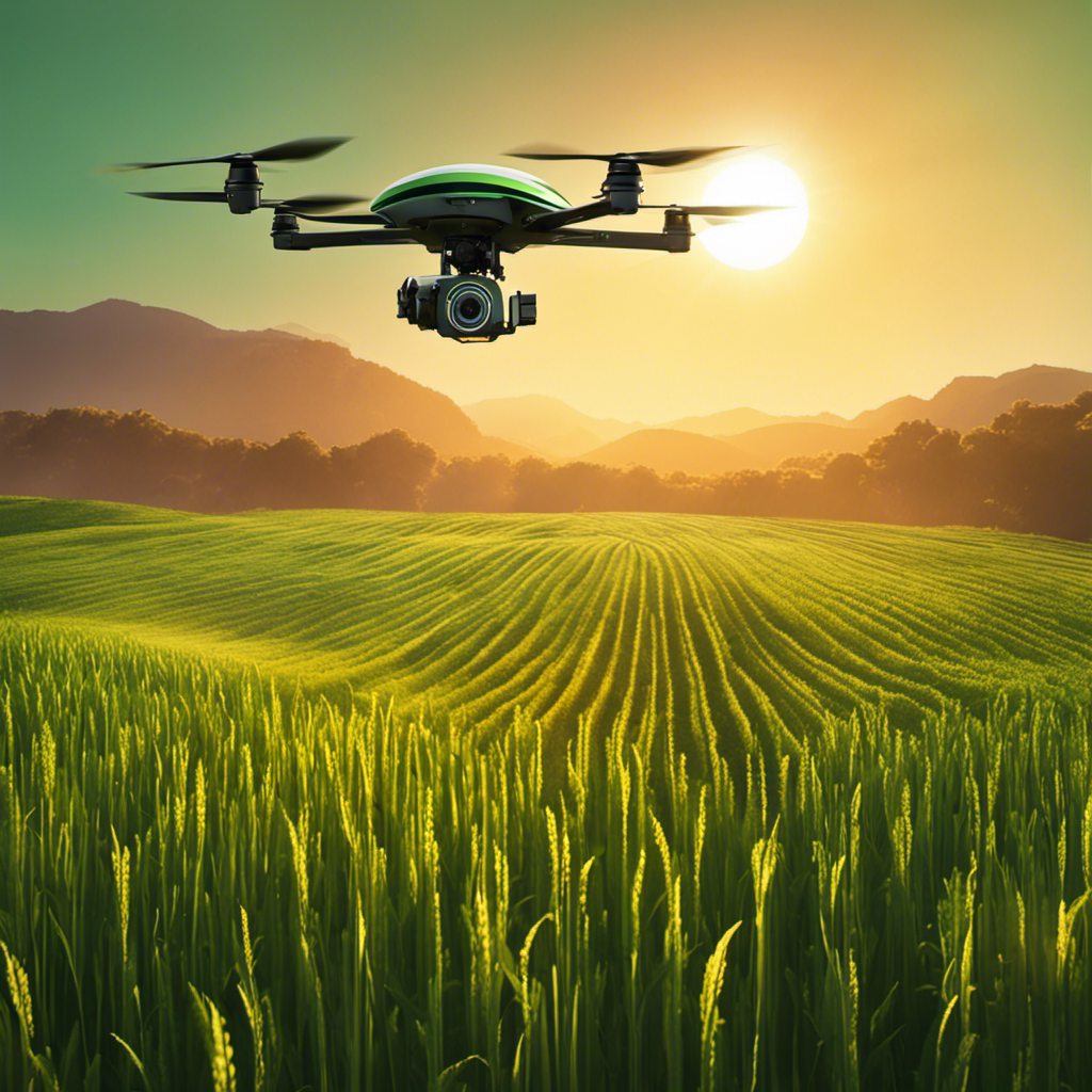 An image of a drone hovering over a vast green field, scanning the crops with precision