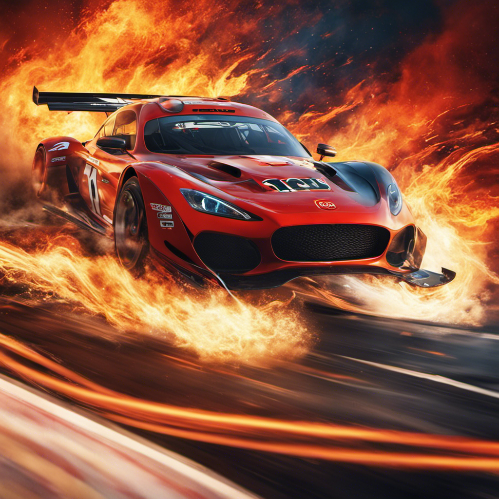 An image of a race car speeding down a track, leaving a trail of fire behind it