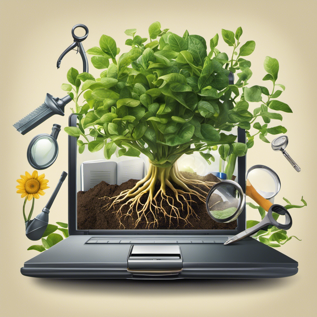 An image of a sprouting plant with roots deep in the ground, surrounded by a variety of tools such as a magnifying glass, a laptop, and a notebook
