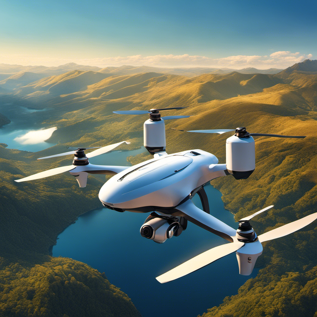 An image of a drone hovering over a picturesque landscape with a clear blue sky, capturing the scenery from above