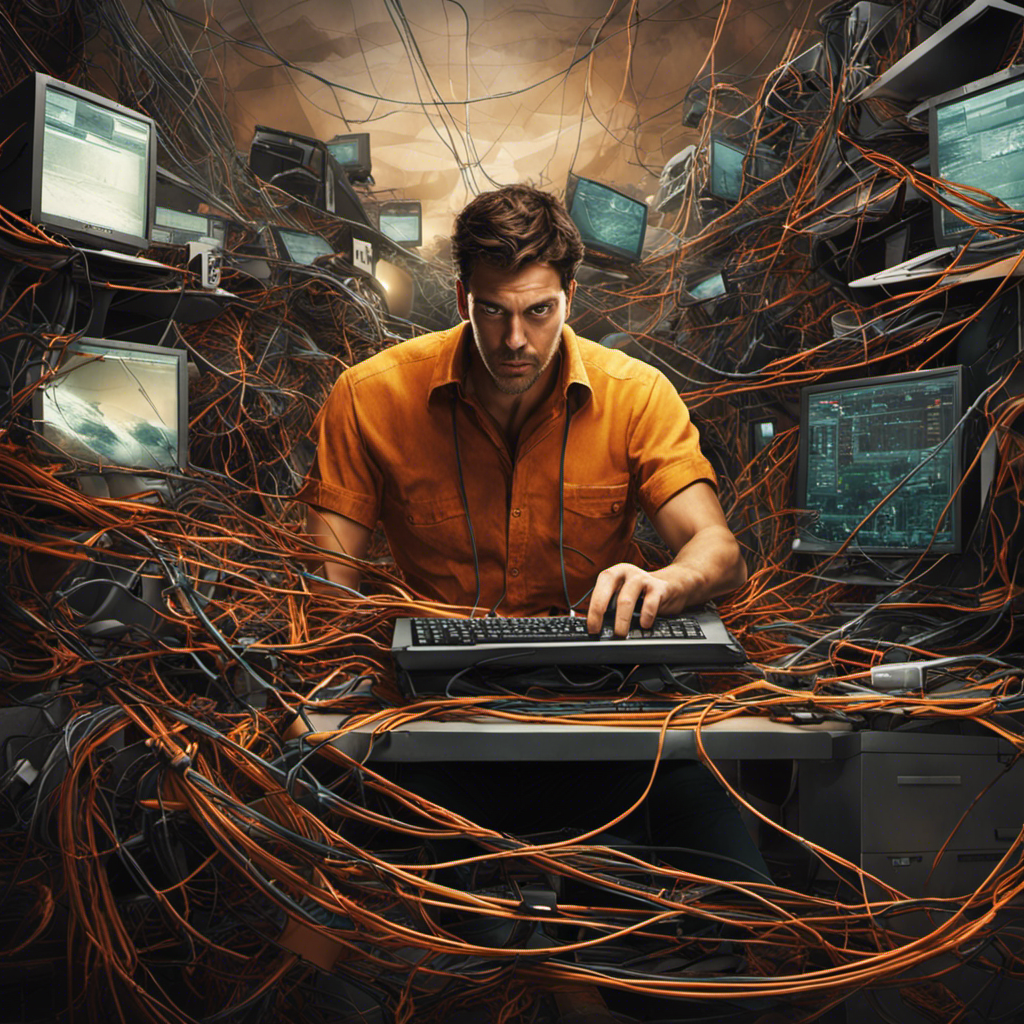 An image depicting a frustrated web designer, surrounded by tangled wires and broken computer screens, symbolizing the challenges of endless troubleshooting, tight deadlines, and the constant need for skill upgrades