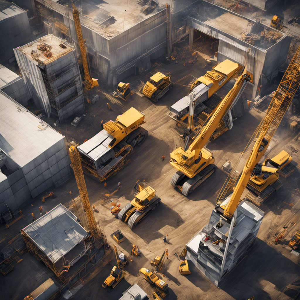 An image of a construction site with heavy machinery, cranes, and workers from a bird's-eye view, showcasing the need for aerial photography in the construction industry